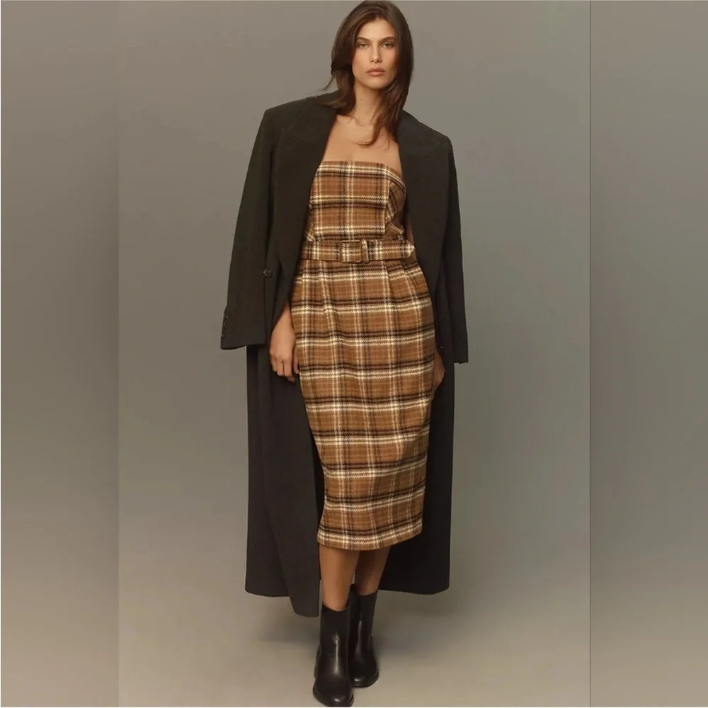 Anthropologie || Plaid Belted Midi Dress Pencil‎ Straight Wool Brown 6